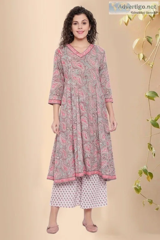 Anisha Jaal Buti Cotton Block Print Kurta - Rose Shree