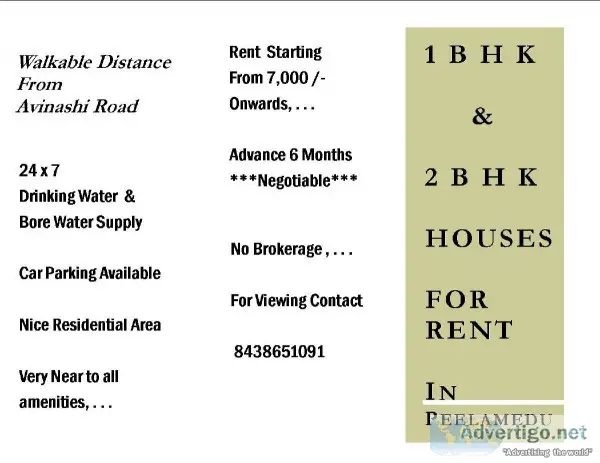 SPACIOUS 1 and 2 B H K HOUSES FOR RENT
