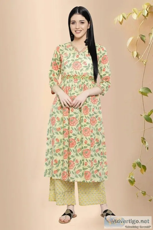 Nithyashree Block Print Anarkali Kurta - Rose Shree