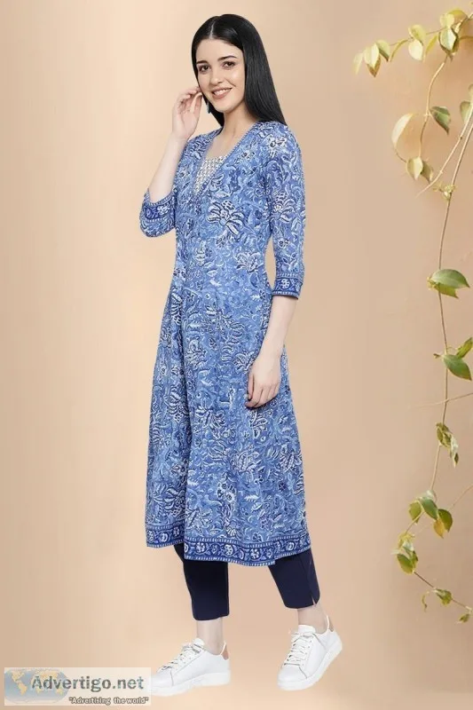 Blue Block Print Cotton Kurta - Rose Shree