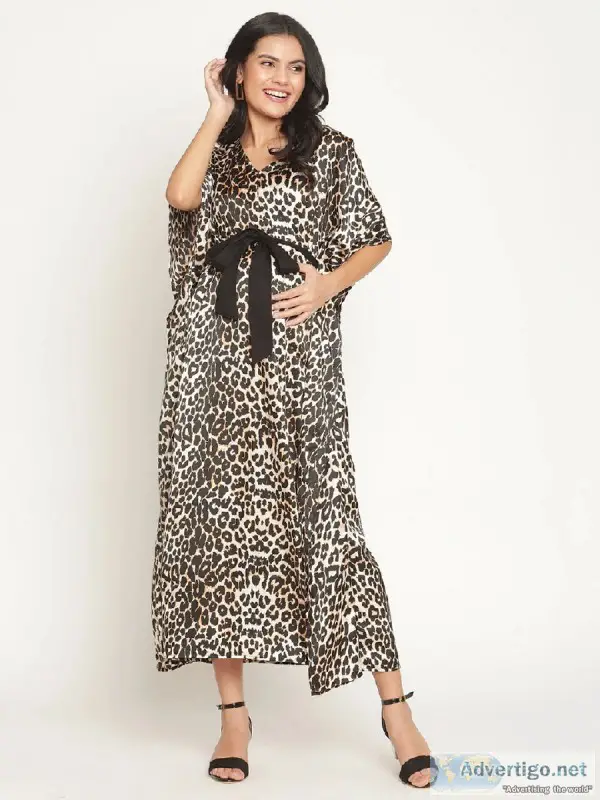 Self-tie Satin Maternity Kaftan Dress - Leopard Print