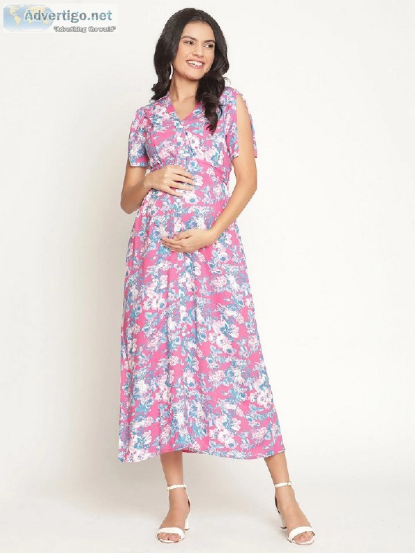 Nursing Friendly Floral Cotton Maternity Dress - Pink