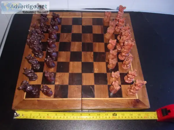 Vintage Chess Board with Jungle Animal Pieces and Regular wooden
