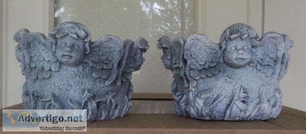 New - (2) Winged Angels Smiling Over A Flowered Garden - Plant P