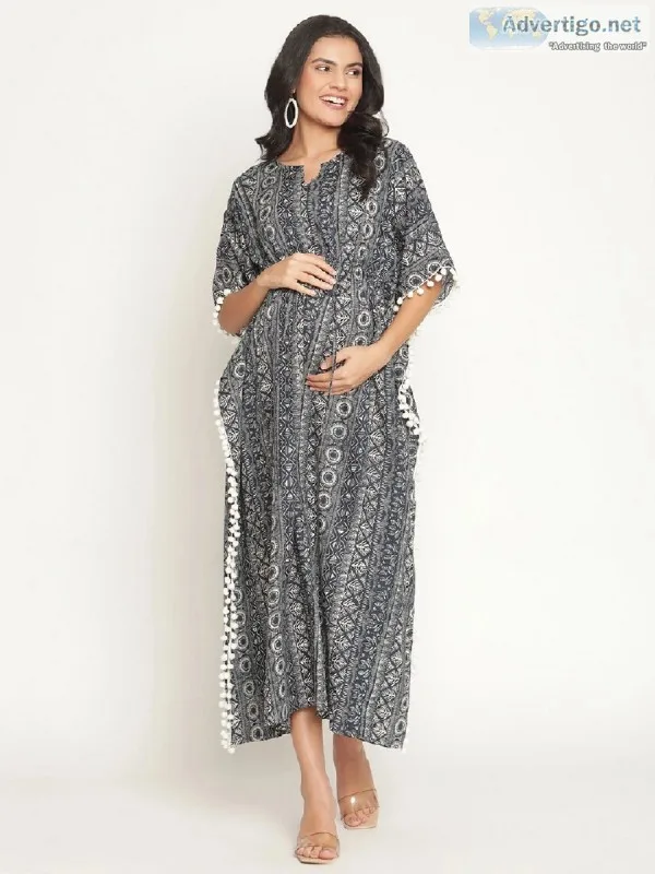 Casual Maternity Nursing Kaftan Dress - Pom-Pom Lace