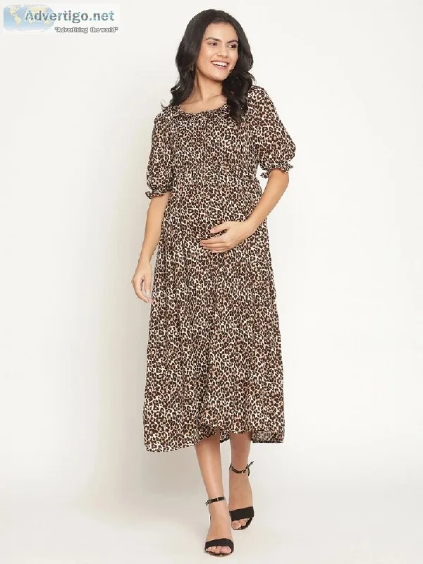 Nursing Friendly Casual Maternity Midi Dress - Animal Print