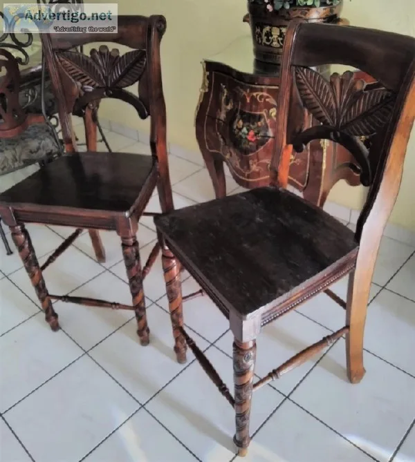 Set of Carved Wood Bar Stools