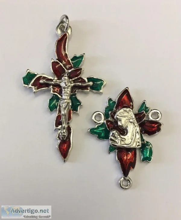 Crucifix and Center Set - Pewter Christmas Poinsettia Set