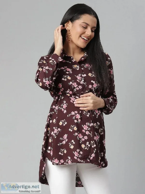 Maternity Hi-low Button-Up Collared Shirt - Floral Print
