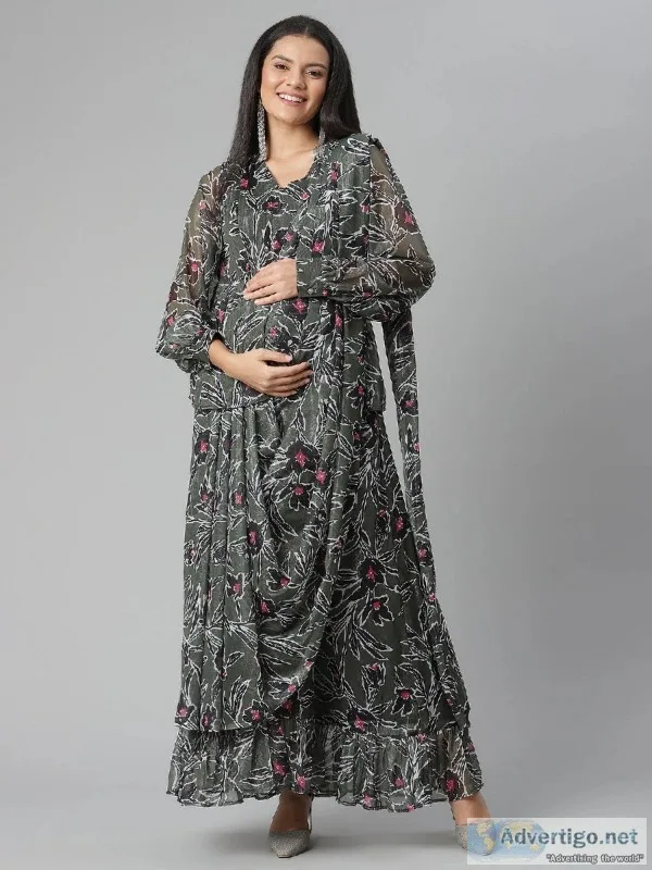 Saree Style Long Sleeve Pregnant Lady Dress - Floral Print