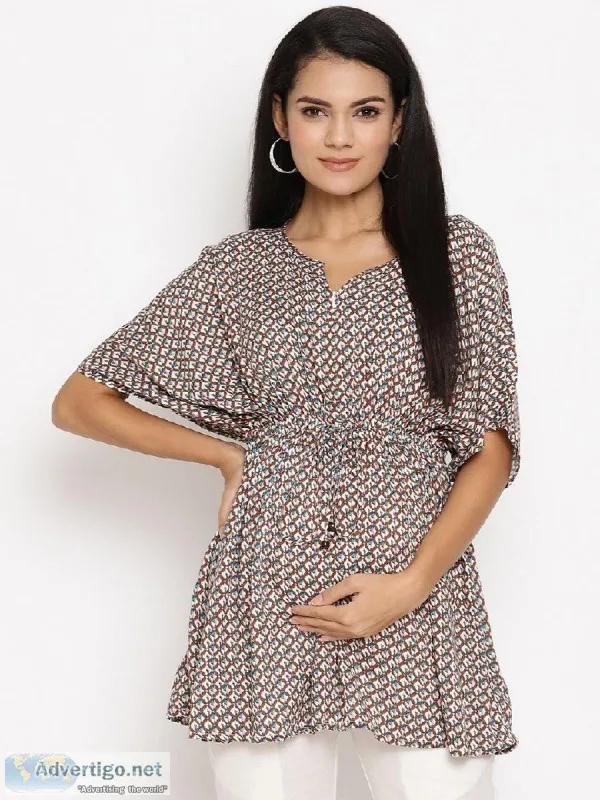 Cotton Viscose Nursing Friendly Maternity Kaftan Top - Geo Print
