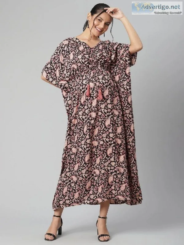 Floral Cotton Maternkity Kaftan Dress - V-neck