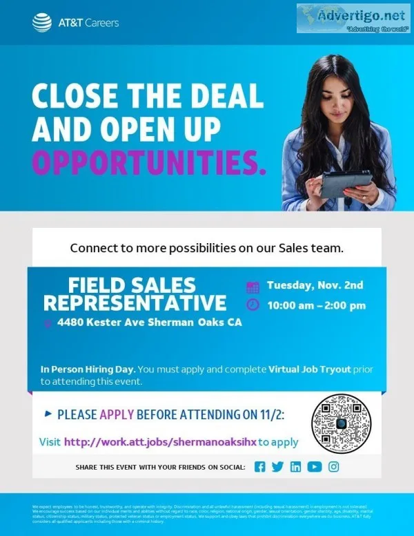 HIRING EVENT Field Sales Representative - Sherman Oaks CA