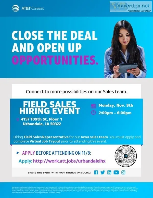 HIRING EVENT Field Sales Representative - Urbandale IA