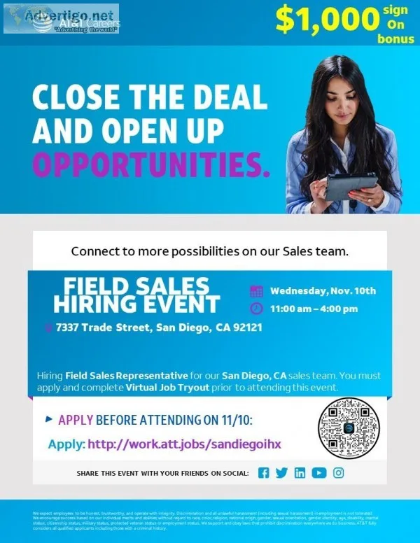 HIRING EVENT Field Sales Representative - San Diego CA
