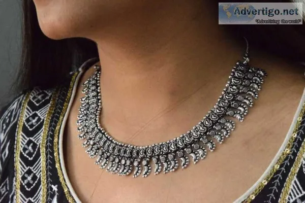 Shop ethnic wear artificial silver plated necklace