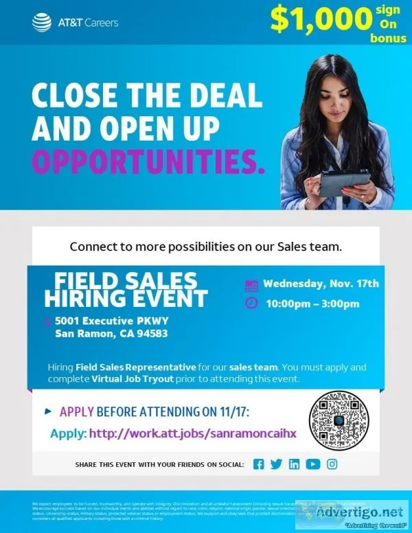 HIRING EVENT Field Sales Representative - San Ramon CA