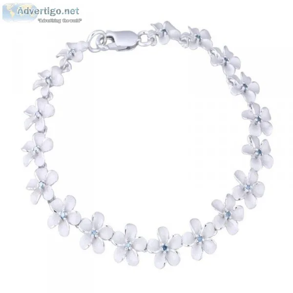 14K White Gold Plumeria Bracelet With 18 Blue Diamonds