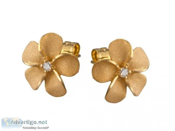 14K Yellow Gold Plumeria Earrings With 2 Diamonds
