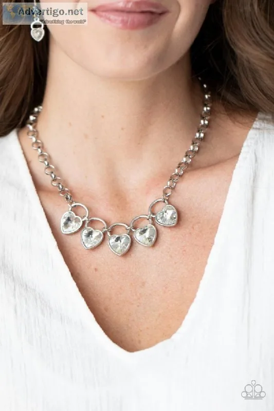 HEART On Your Heels White Necklace Heart Rhinestone Paparazzi