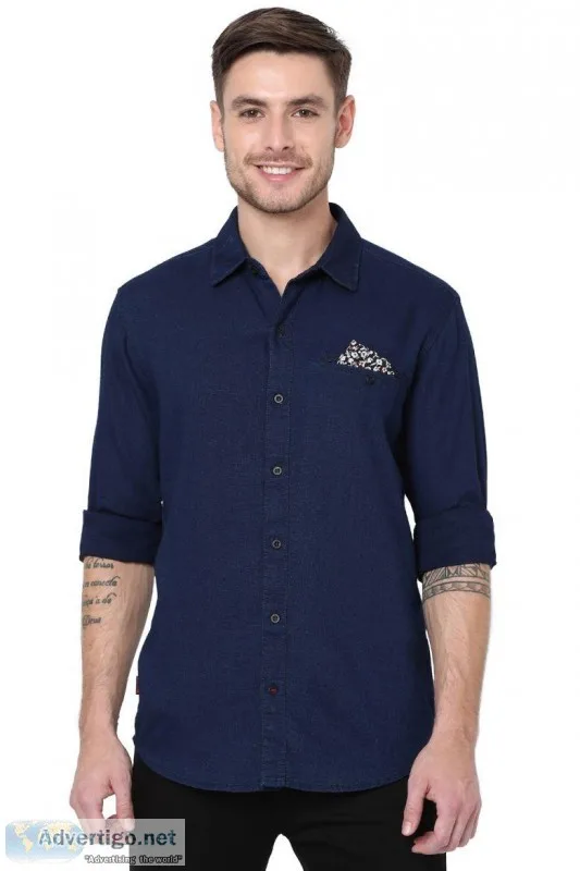 Men s Full Sleeve Dark Indigo Plain Authentic Casual Shirt