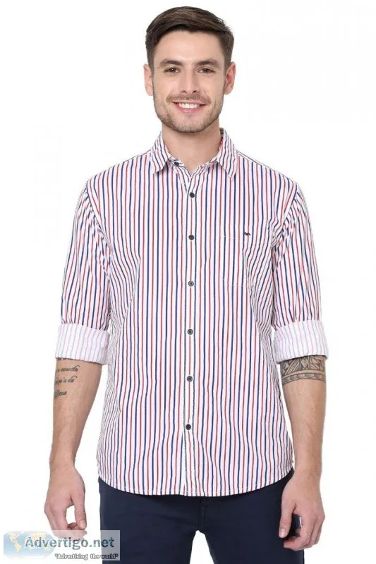 Men s Full Sleeve White and Red Stripe Casual Slim Fit Shirt
