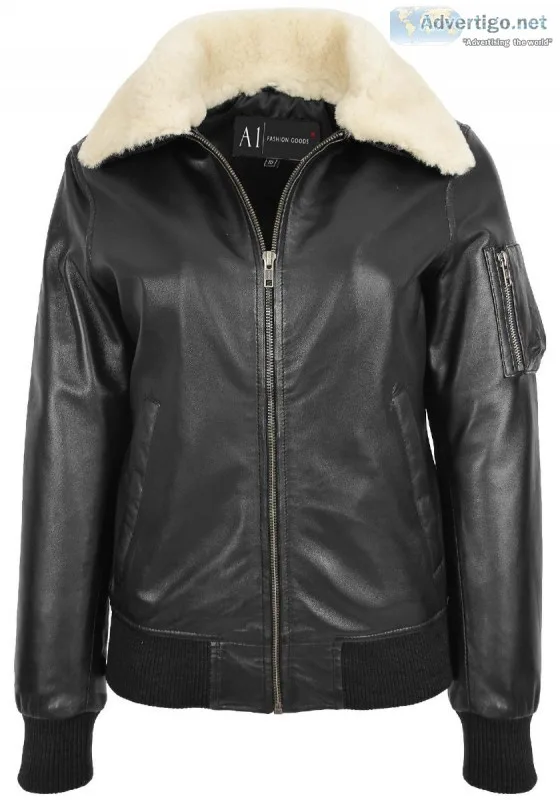 WOMENS LEATHER BOMBER JACKET BLACK REMOVABLE SHEEPSKIN COLLAR FI