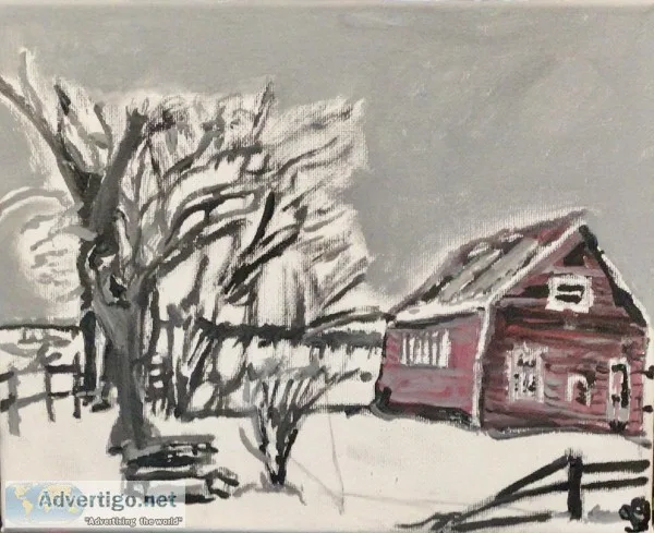 Old Winter Snow Barn and Trees Scene GG &ndash 5&rdquo x 7&rdquo