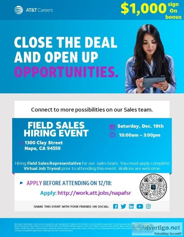 HIRING EVENT Field Sales Representative - Napa CA