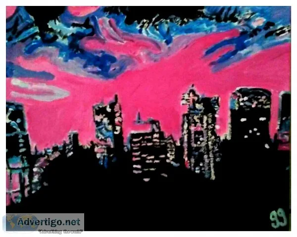 Old 80&rsquos Fall City Skyline Sunset &ndash 16&Prime x 20&Prim