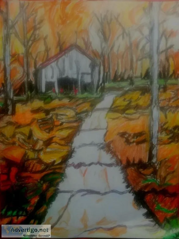 Old Country Barn and Autumn Fall Trees Scene &ndash 9&Prime x 12