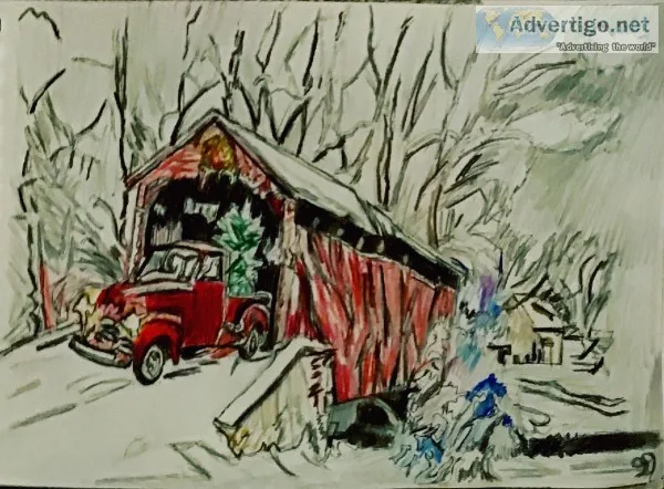 Evergreen Vermont Old Truck Bridge Scene &ndash 9&rdquo x 12&rdq