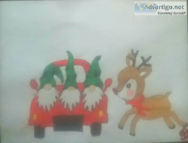 Elfs On Car and Female Deer GG &ndash 8&Prime x 11&Prime Paintin