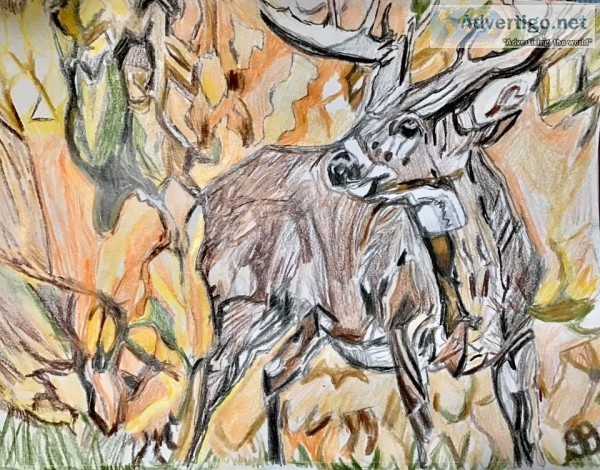 Nice Big Buck Art In Autumn Field GG &ndash 9&rdquo x 12&rdquo C