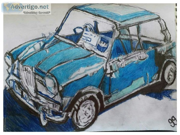 Old Blue Mini Cooper 1 &ndash 9&Prime x 12&Prime Colored Pencil