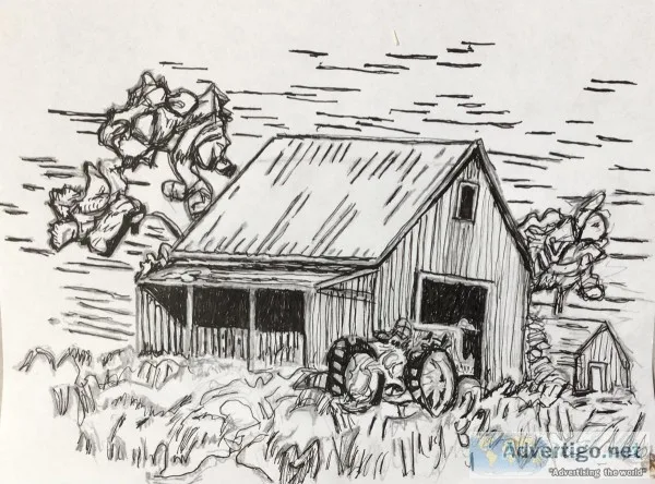 Old Black and White Barn Snow Field With Tractor GG &ndash 8&rdq