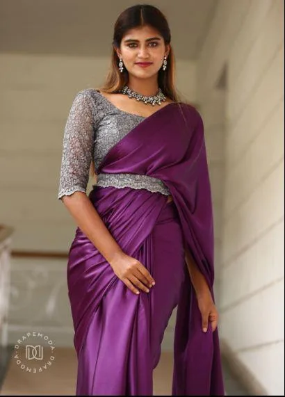 Dark Purple Satin Saree With Silver Designer Blouse And Belt