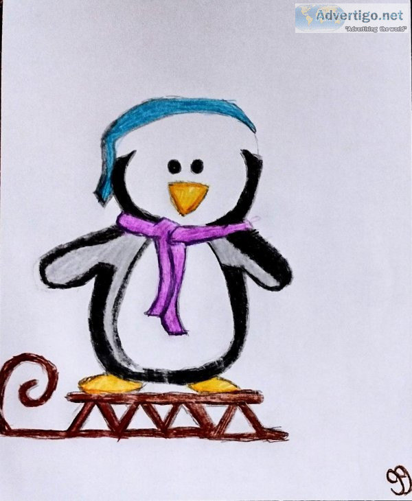 Cute Winter Penguin In Snow GG - 8.5" x 11" Colored Penc