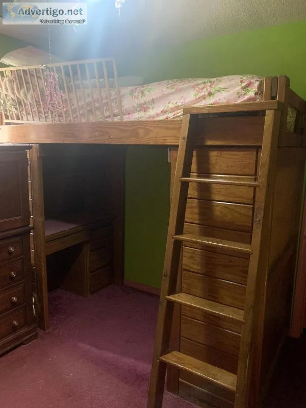 BunkBed Solid Wood twin w mattress andlower library desk and a D