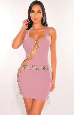 Best Dusty Silver Studded Lace Up Sleeveless Dress For Women