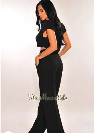 Purchase Black Short Sleeve Two Piece High waisted Palazzo Set