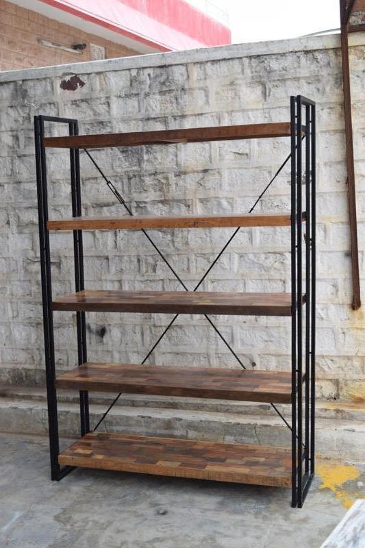Reclaimed wood and metal bookcase display unit
