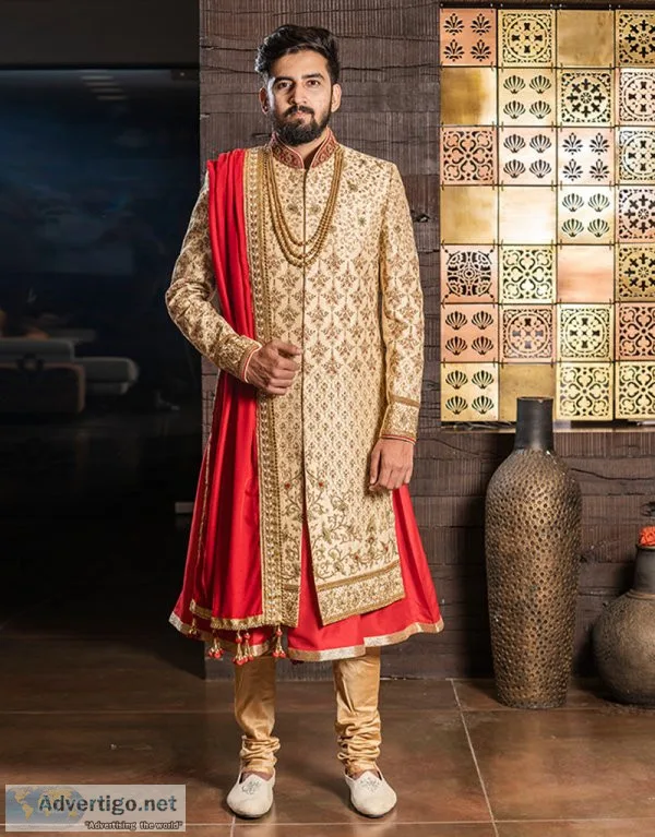 Three piece floral work sherwani in golden red