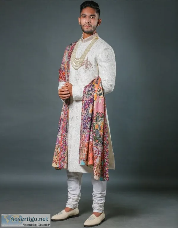 Pure lucknowi chest motif sherwani in pearl white