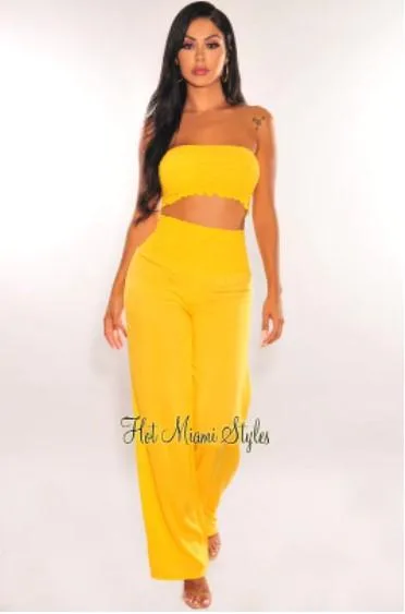 Shop Two-Piece High Waisted Yellow Smocked Palazzo Pant Set