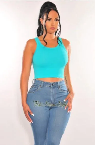 Shop Fashionable Turquoise Ribbed Seamless Sleeveless Crop Top
