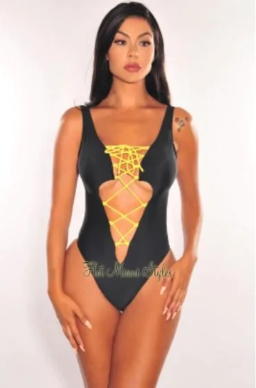 Best Black Yellow Padded Lace-Up Keyhole One-Piece Swimsuit