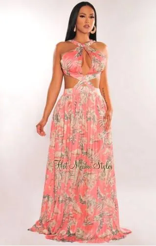 Shop Blush Floral Print Padded Cut Out Open Back Maxi Dress