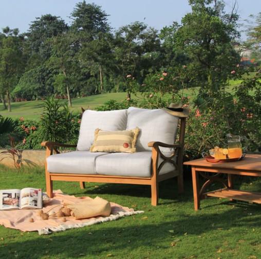 Shop Teak Wood Patio Furniture Loveseat With Beige Cushion