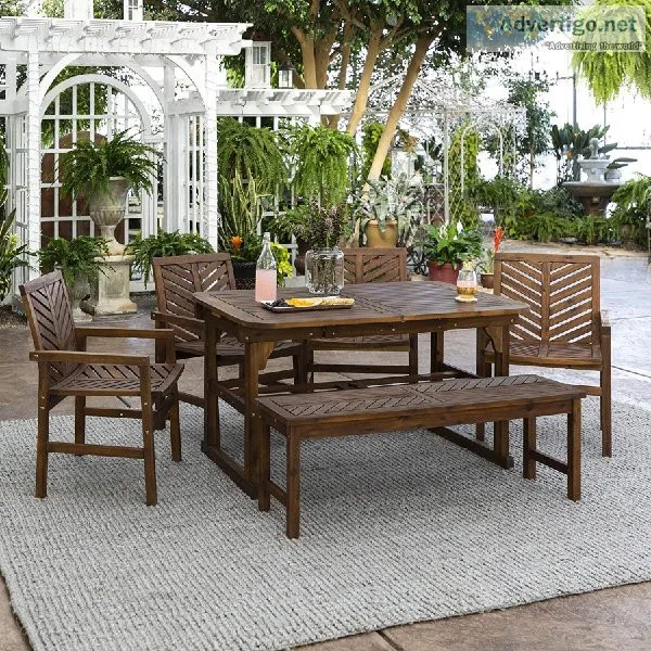Walker Edison 7 Person Outdoor Wood Chevron Patio Furniture Dini